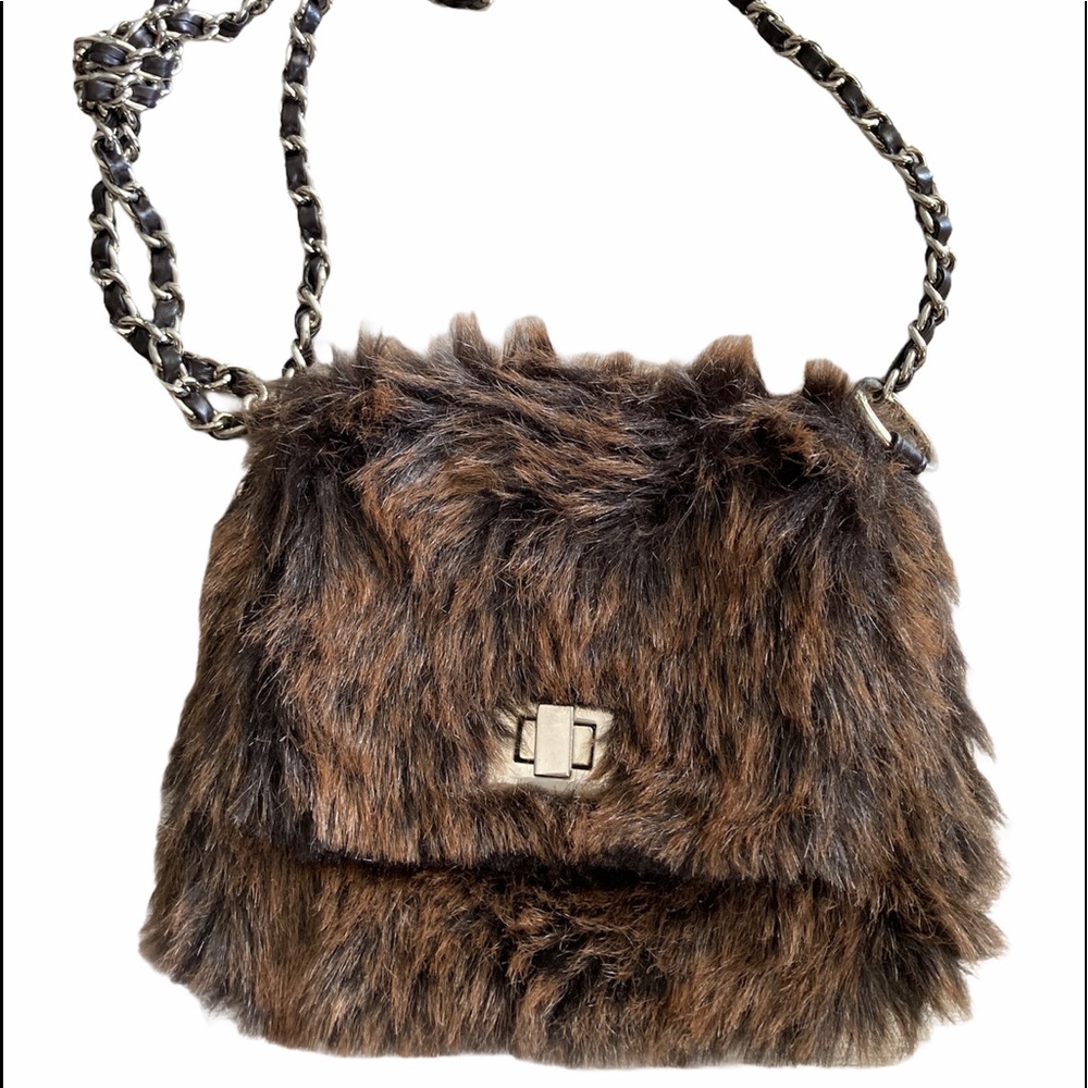 Fashion Express Brown Faux Fur Shoulder Bag Crossbody Purse Gold Chain Strap